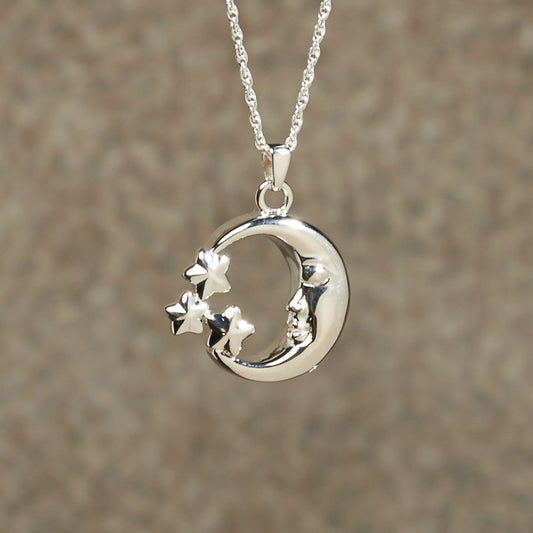 Moon & Stars Cremation Pendant; Sterling Silver