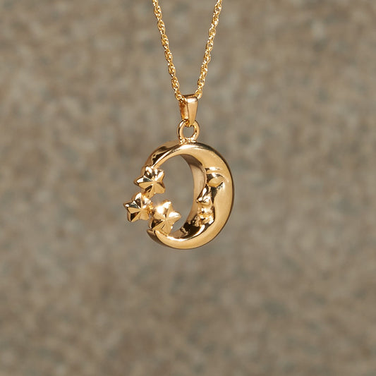 Moon & Stars Cremation Pendant; 14k Gold Plated